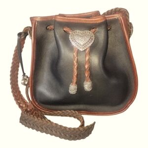 Brighton Vintage Outwest Black and Brown Leather Drawstring Bucket Bag
